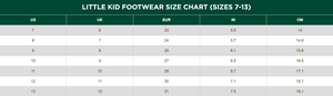 Size chart for kids footwear sizes 7-13