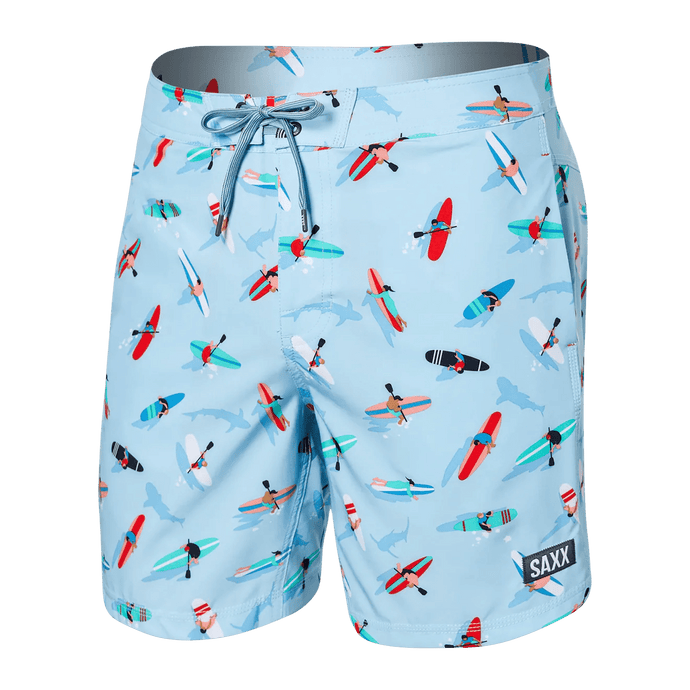 Mens Betawave Boardshort - SAXX - 7 inch inseam - blue with surfboards